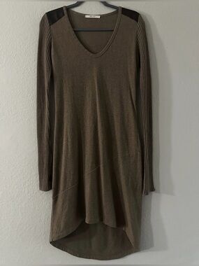 Relaxed V-Neck Long Sleeve Wool And Leather Dress
